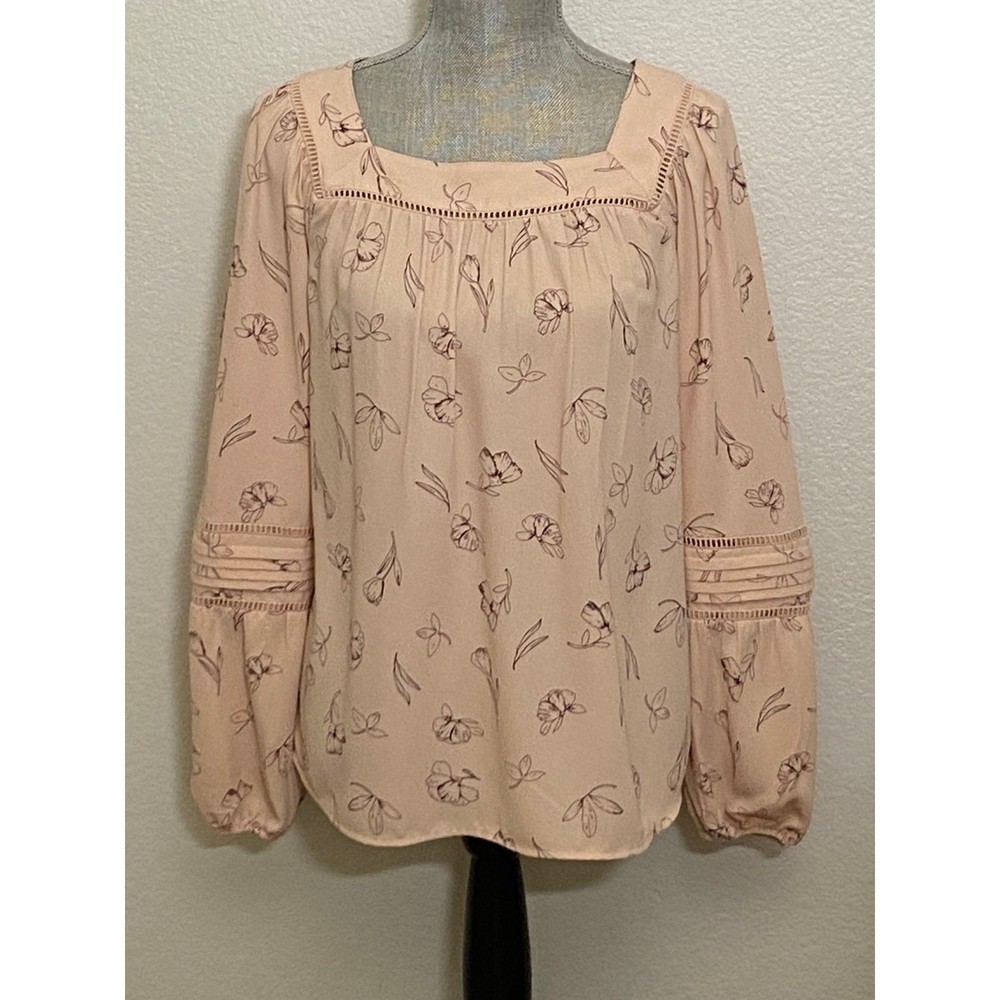 LC Lauren Conrad woman balloon sleeves square neck floral peach cut out blouse S